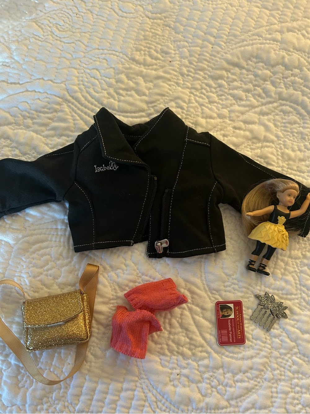 American Girl Isabelle Jacket with Gold Crossbody Purse and Pink Accessories